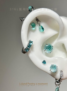 「薄荷」医学用级钛合金钛钢水滴恶魔耳钉耳轮钉耳骨钉耳蜗钉小众