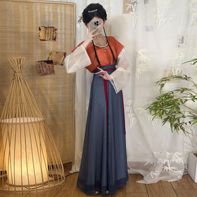 汉庭纺原创唐制汉服[碧城]敦煌印花唐褙子夏内搭圆领衫八破裙日常