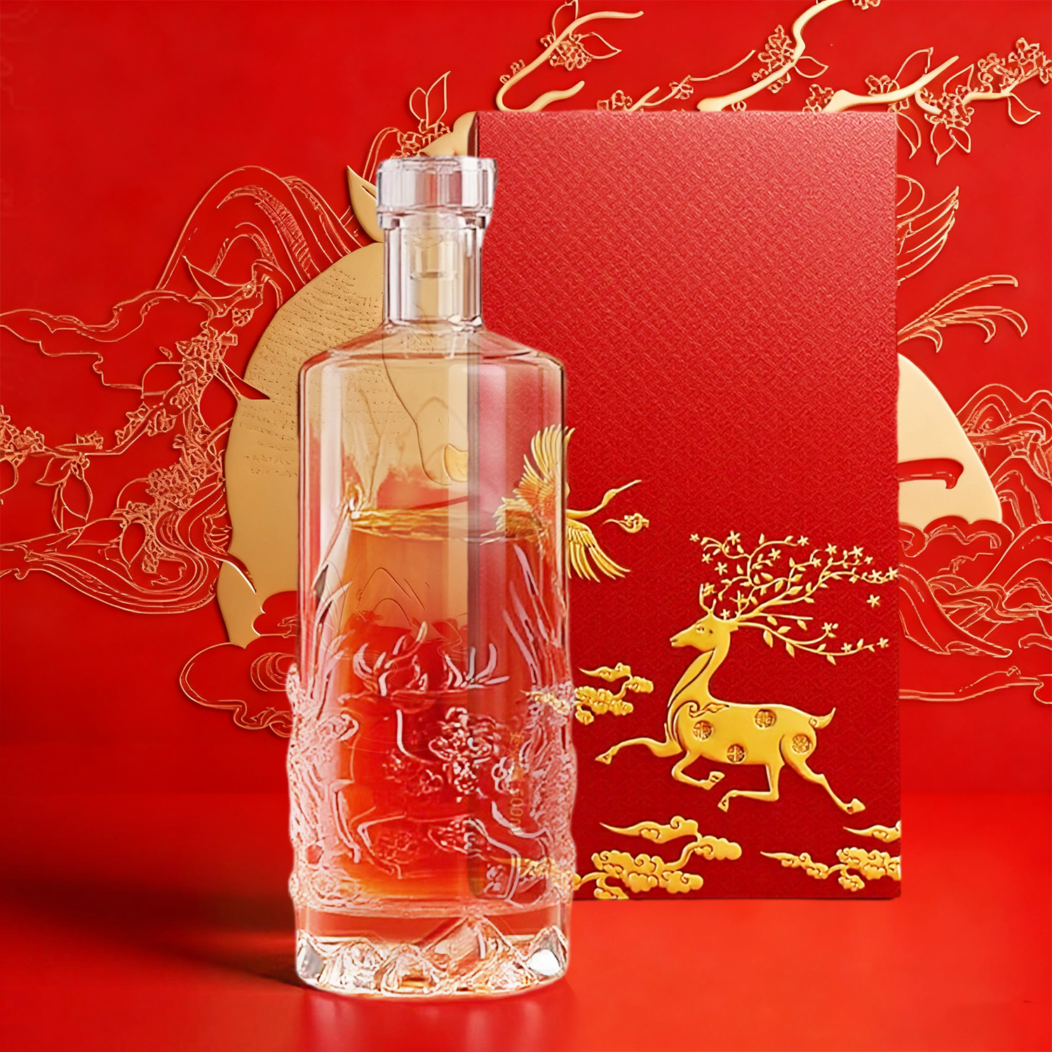高档精美鹿纹透明玻璃瓶白酒瓶空瓶家用密封空酒瓶专用礼盒装