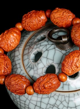 天然手工精雕桃木吐水龙手串木雕B刻霸气龙头文玩把玩手珠节日礼