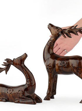 红木雕刻手工艺品爱情小s摆件 实木质梅花鹿双鹿动物婚庆情侣家居