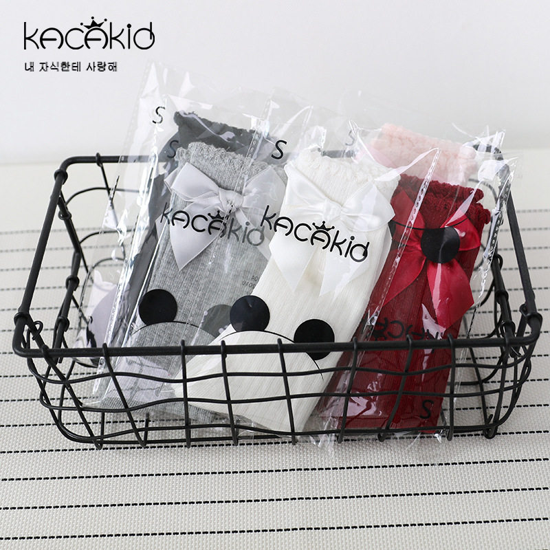 女童袜子蝴蝶结中筒袜春秋季节新款宝宝可爱纯色儿童a类女宝棉袜