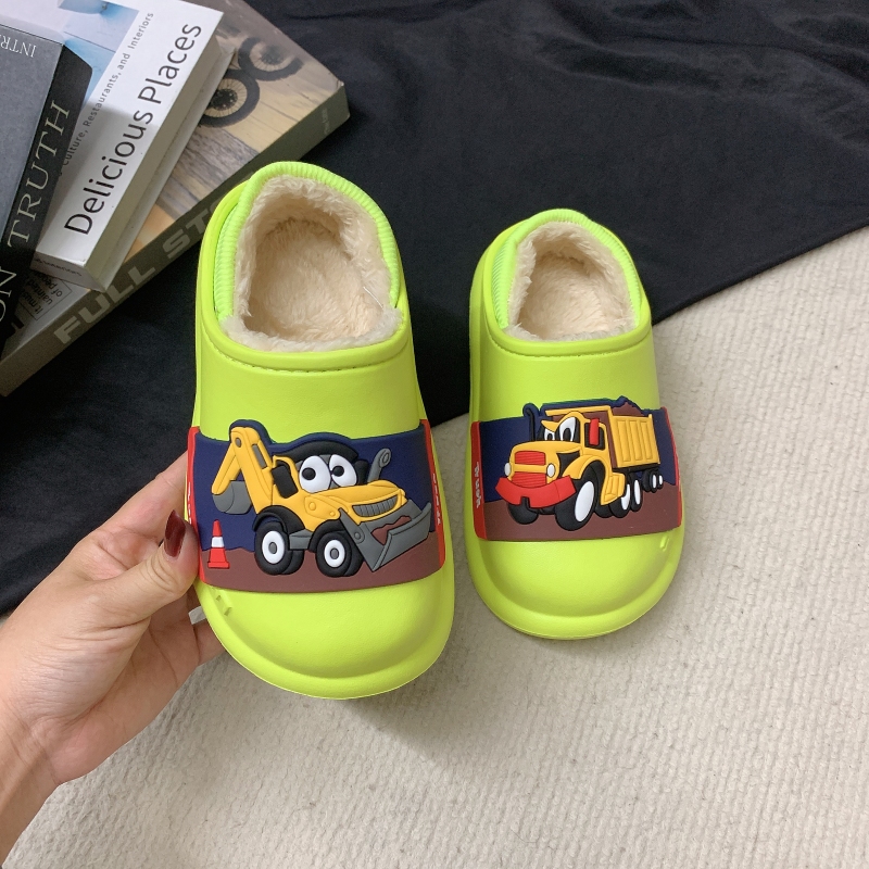 挖掘机防水棉拖鞋冬季卡通工程车包跟居家防滑加绒包头亲子棉鞋