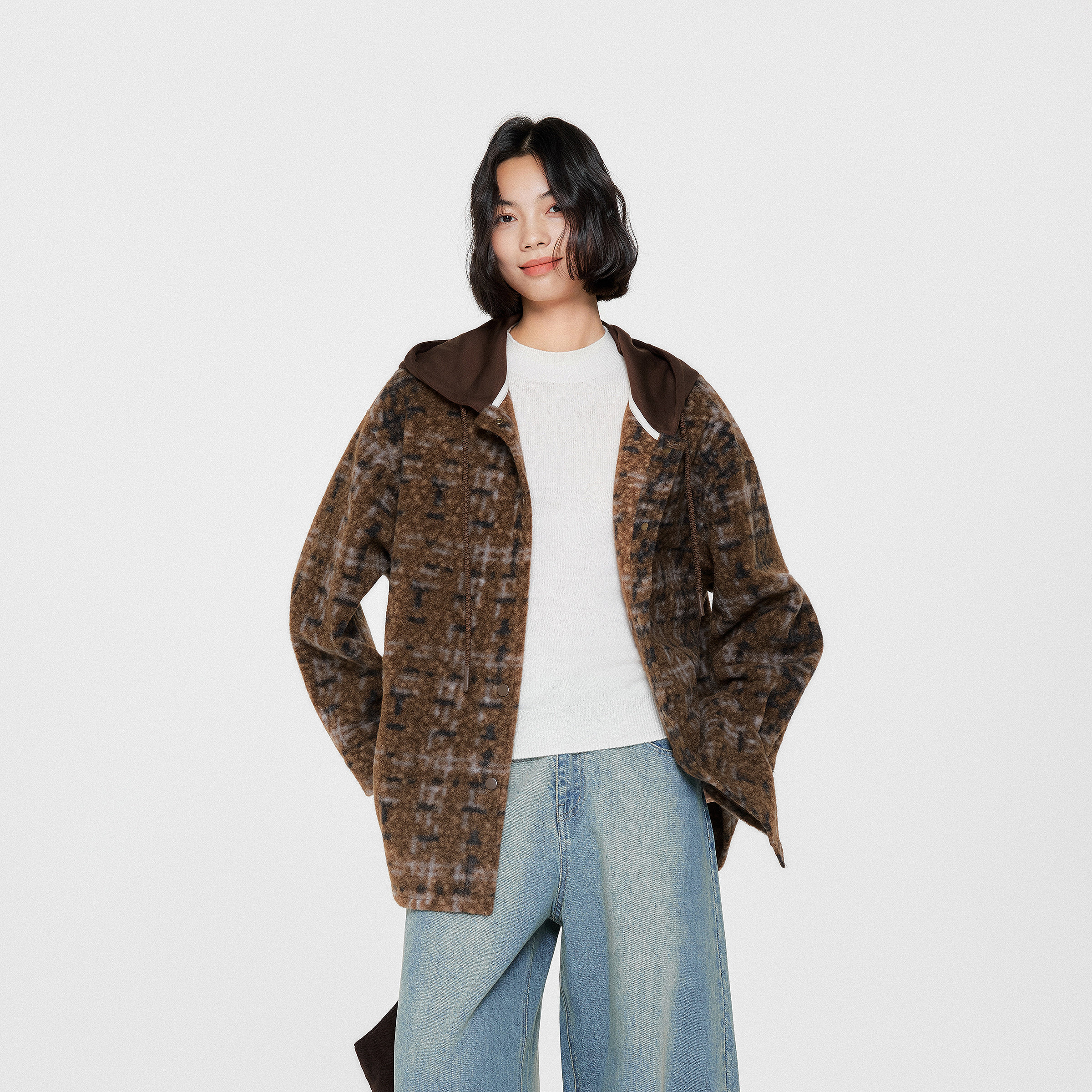 飞鸟和新酒拼接撞色带帽外套女2025秋季新款休闲圆领上衣