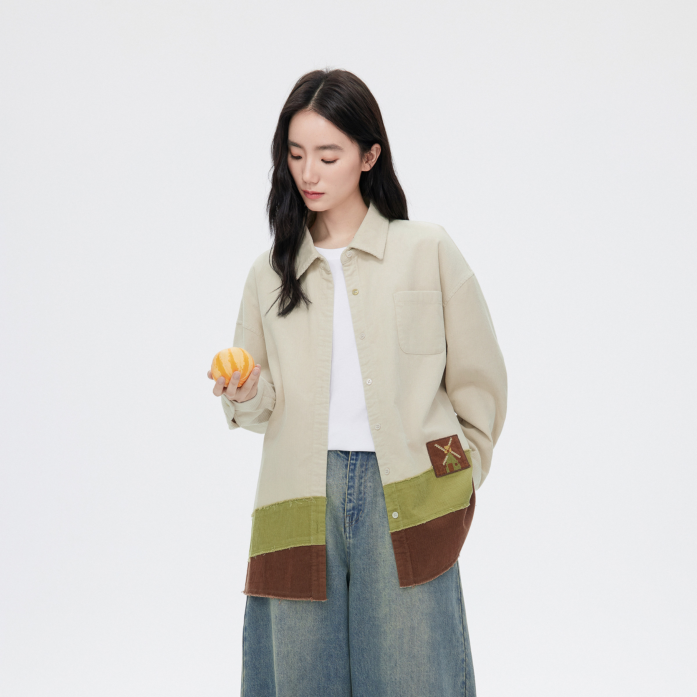 飞鸟和新酒拼接灯芯绒衬衫式外套女2025秋季新款纯棉复古宽松上衣