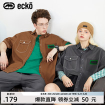 ecko犀牛潮牌2022夏季新款贴标印花宽松休闲透气短袖复古翻领衬衫