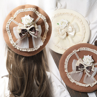 洛丽塔Lolita蕾丝手作贝雷帽  原创生成色蝴蝶结帽子小物烧饼帽