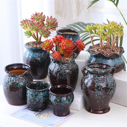 多肉植物花盆老桩悬崖高盆垂吊简约绿植室内阳台窑变陶瓷盆栽花盆