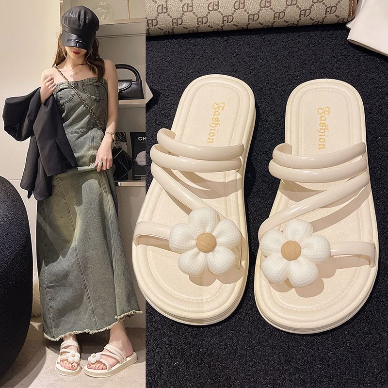 花朵凉鞋女夏厚底绑带仙女风凉拖外穿外出海边两穿拖鞋露趾罗马鞋