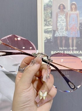 2025新款无边框切边茶色墨镜女夏防紫外线海边气质圆脸显瘦太阳镜