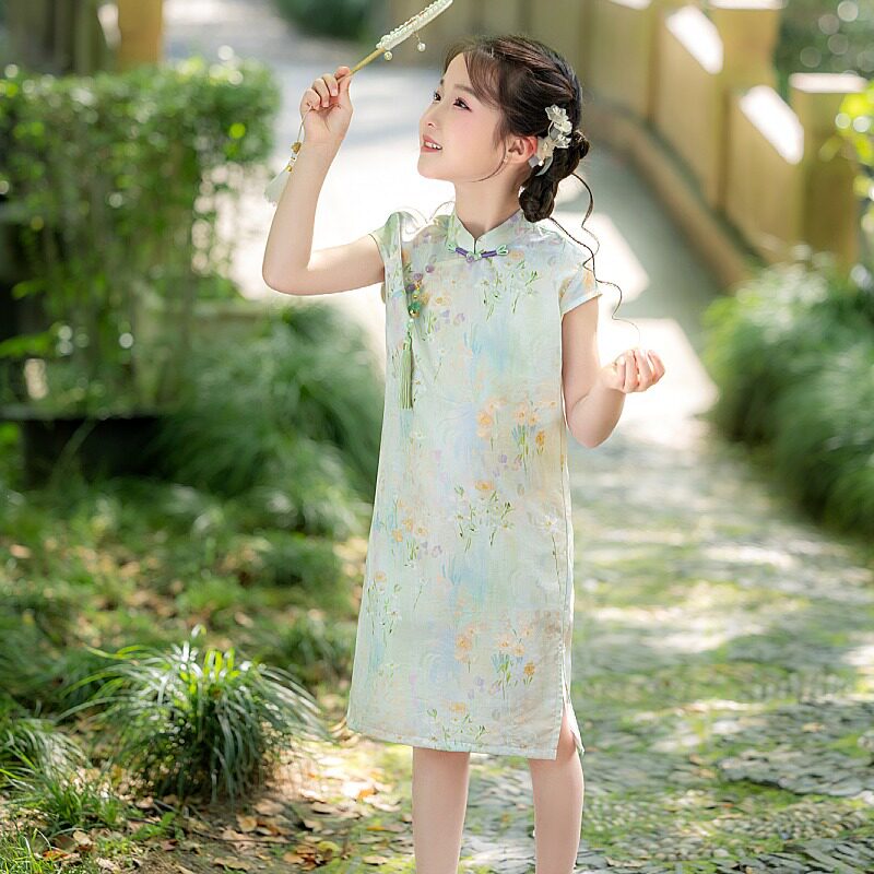 绿色新中式高端女童旗袍裙夏季薄