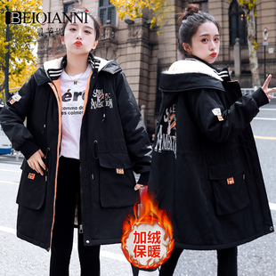 加绒加厚棉袄外套中长款大码女装韩版工装时尚风衣胖MM派克棉服冬
