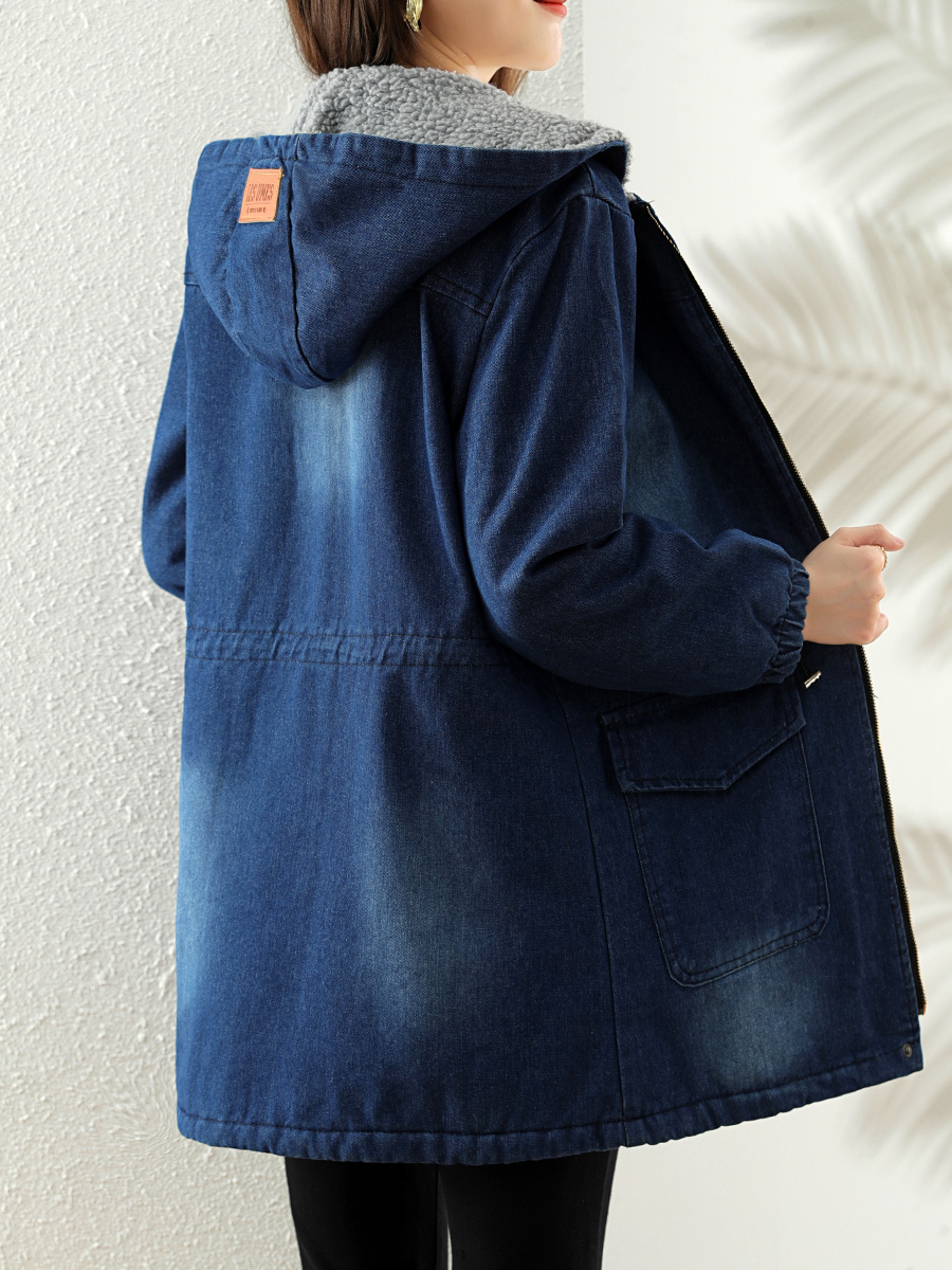 2024冬装牛仔棉服中长款女士加绒加厚风衣收腰大码显瘦羊羔毛外套