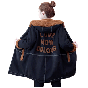 中长款羊羔毛牛仔外套女冬季棉服宽松加绒妈妈装女士加厚大码棉衣