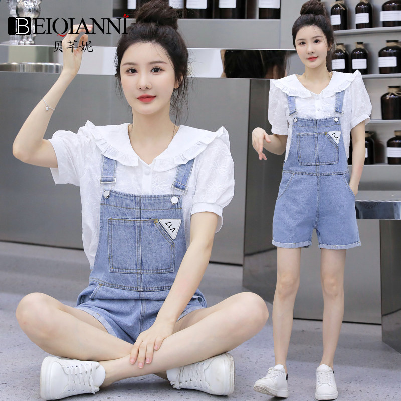 小个子时尚牛仔背带短裤套装女夏季薄款酷盐系设计感小众搭配上衣