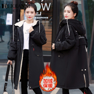 冬季女装加绒加厚棉袄外套中长款大码200斤胖mm风衣收腰派克棉服