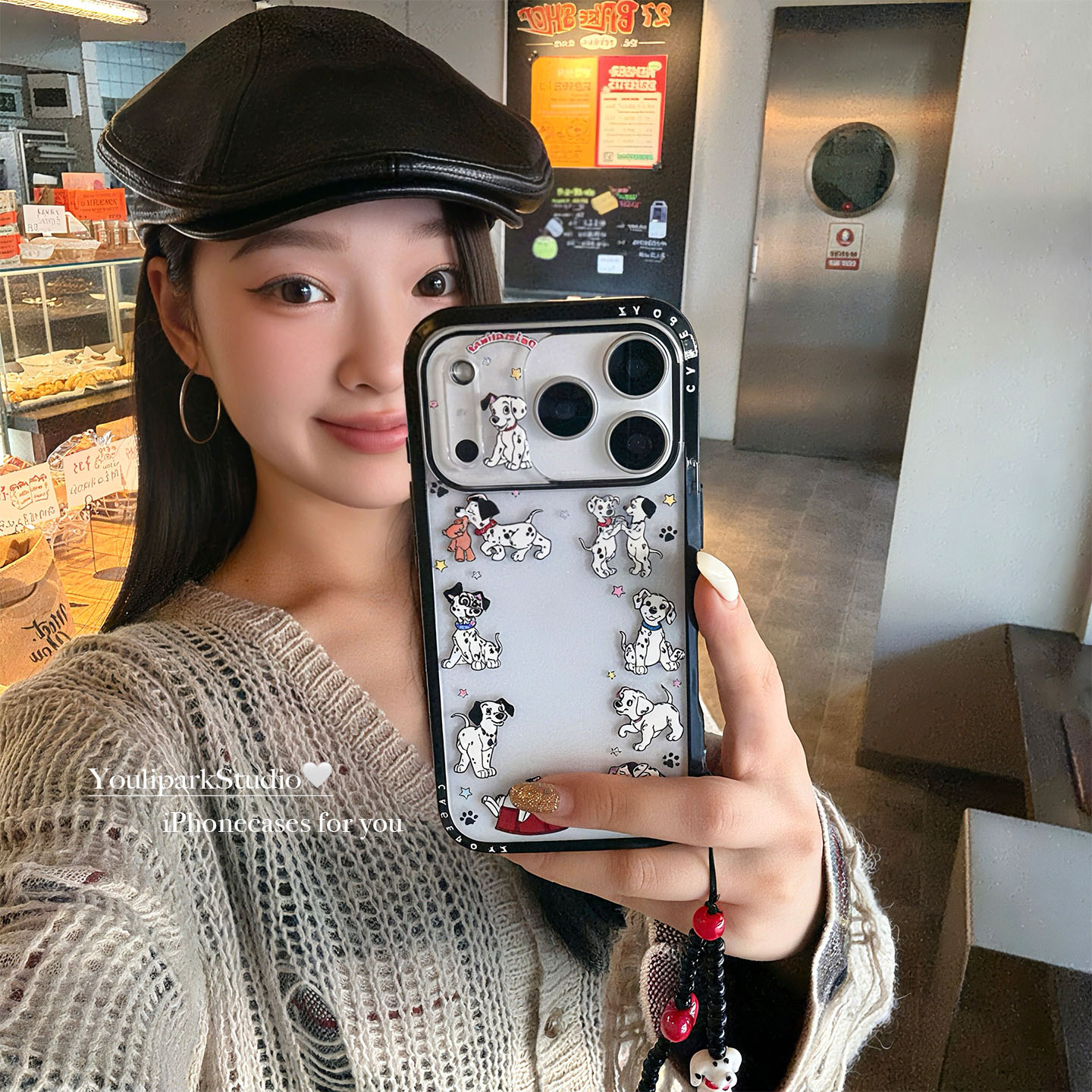 可爱斑点狗插画挂链苹果手机壳女