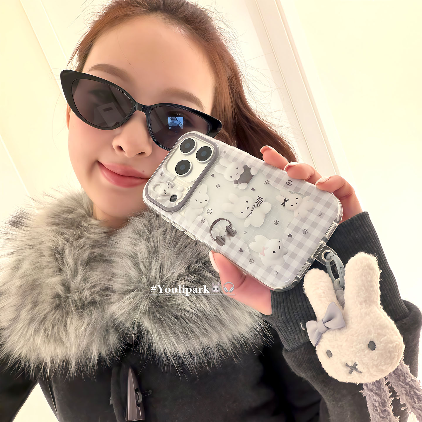 秋冬格纹耳机米菲兔苹果手机壳女