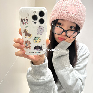 由里公園ins可愛少女閃粉玩偶小動物插畫15適用16pro蘋果16ProMax手機殼iPhone16全包12韓系14Promax保護套13