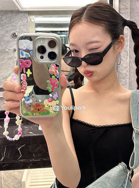 由里公园ins可爱卡通镜面少女涂鸦油画15适用16pro苹果16ProMax手机壳iPhone16全包12新款14Promax保护套13软