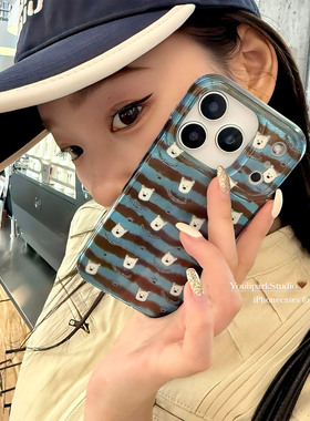 由里公园ins韩系秋冬可爱蓝棕条纹西高地17适用17pro苹果17ProMax手机壳iPhone16全包14新款16Promax保护套女