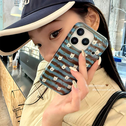 可爱蓝棕条纹西高地苹果手机壳女