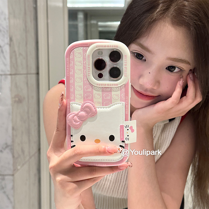苹果手机壳少女粉色猫咪皮质卡包