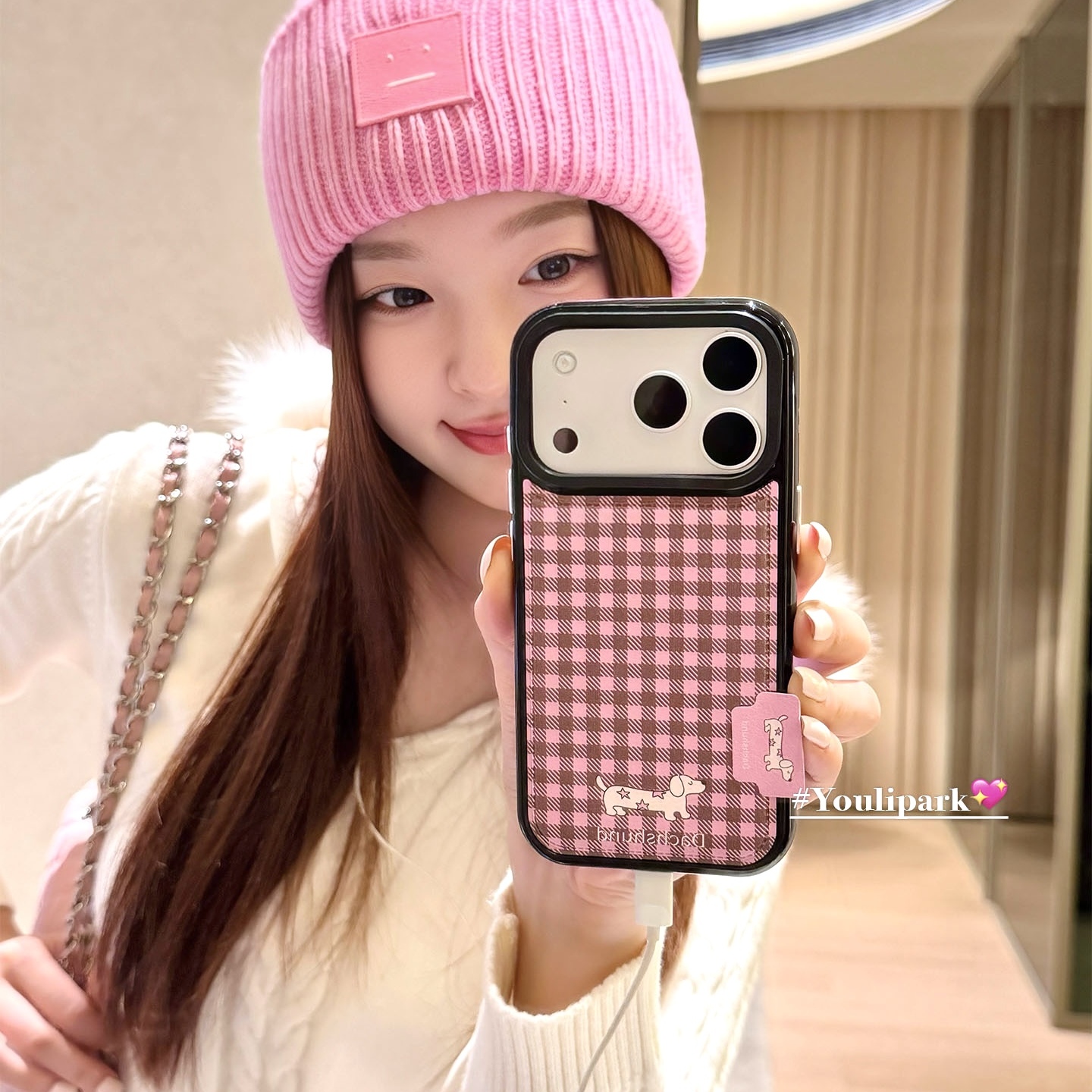 砂粉格纹星星腊肠狗苹果手机壳女