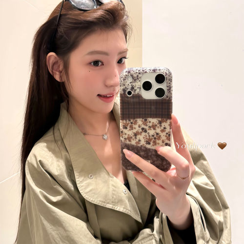 美拉德格纹拼接碎花苹果手机壳女