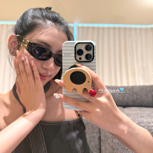 由里公园ins韩系条纹木质可爱大象磁吸支架15适用16pro苹果16ProMax手机壳iPhone16全包14新款 14Promax保护套