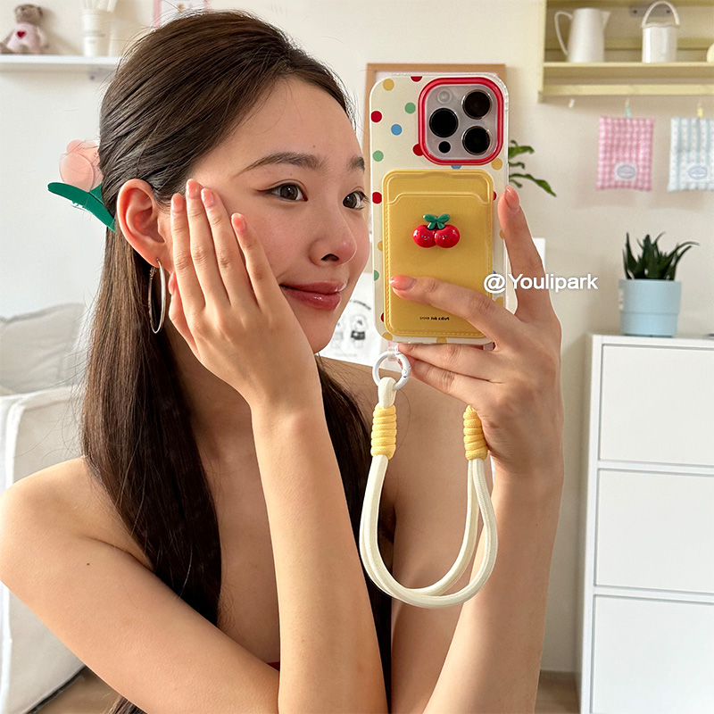 苹果手机壳彩色波点立体樱桃卡包