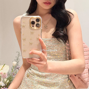 由里公园ins小众少女高级感滴胶闪粉蝴蝶结15适用16pro苹果16ProMax手机壳iPhone16全包14新款 14Promax保护套