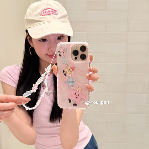 少女粉色晕染星星挂链苹果手机壳
