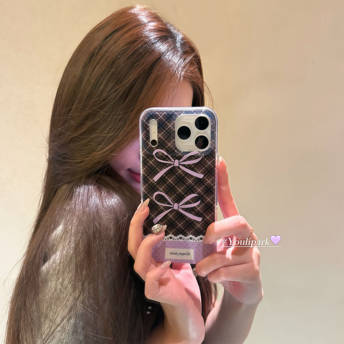 由里公园ins韩系少女蕾丝格纹藤萝紫蝴蝶结适用17pro苹果17