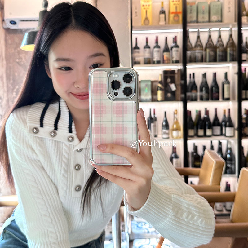 苹果手机壳温柔甜美少女粉色格纹