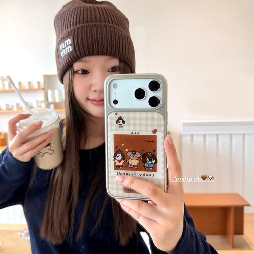 可爱栗子棕格纹小狗苹果手机壳女