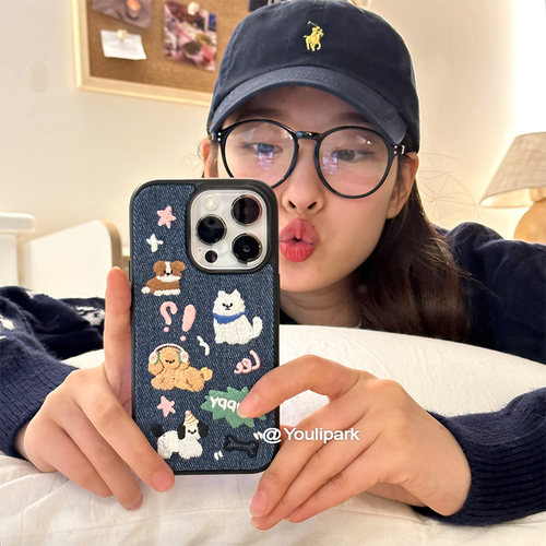苹果手机壳少女可爱牛仔刺绣狗狗