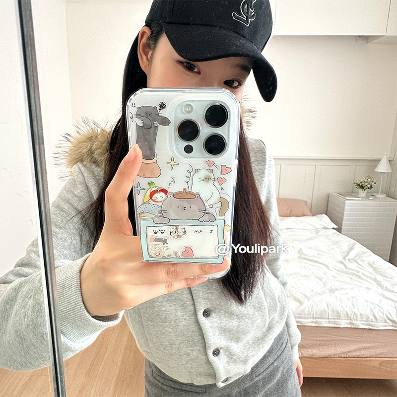 苹果手机壳插画猫咪摇摇乐支架女