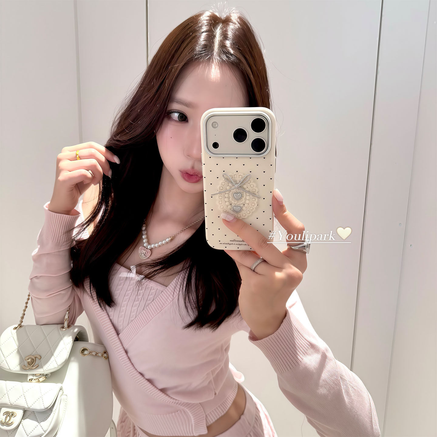 由里公园ins韩系少女甜美蕾丝爱心蝴蝶结17适用18pro苹果18ProMax手机壳iPhone16全包14新款16Promax保护套女