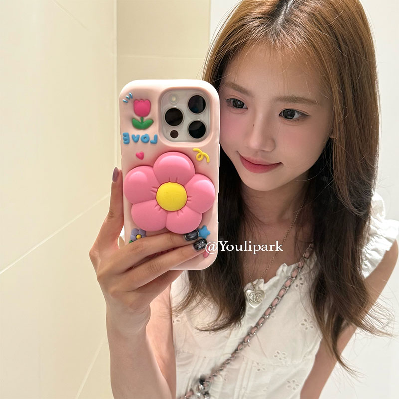 粉色立体硅胶花朵支架苹果手机壳