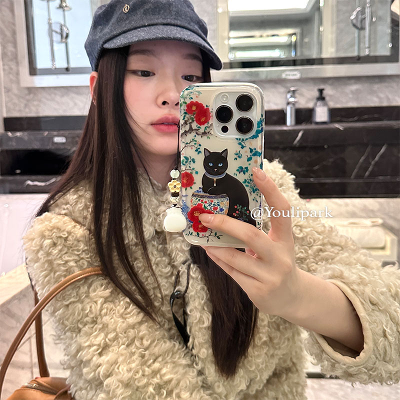 苹果手机壳国风牡丹青花瓷猫挂链