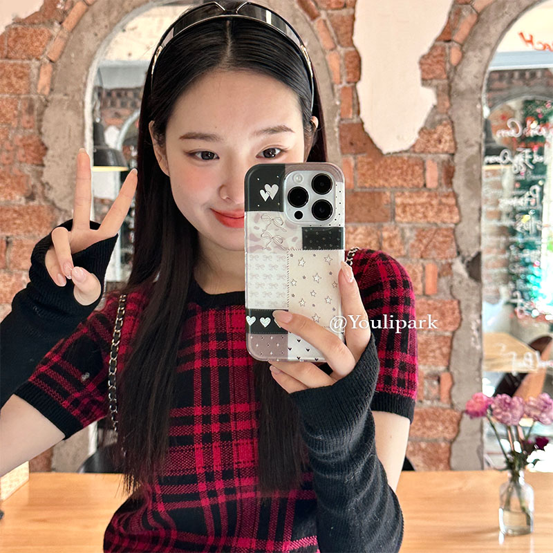 苹果手机壳格纹蝴蝶结爱心拼接女