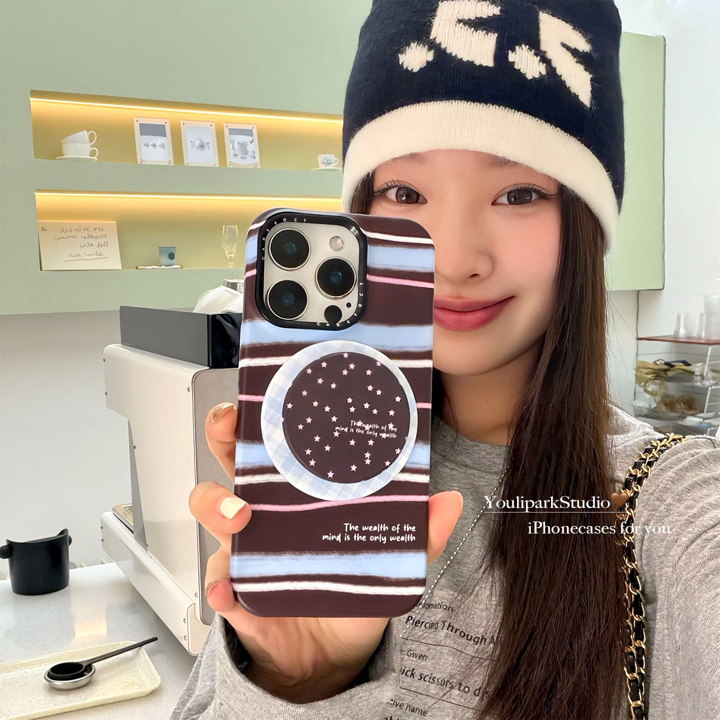 复古撞色条纹磁吸支架苹果手机壳