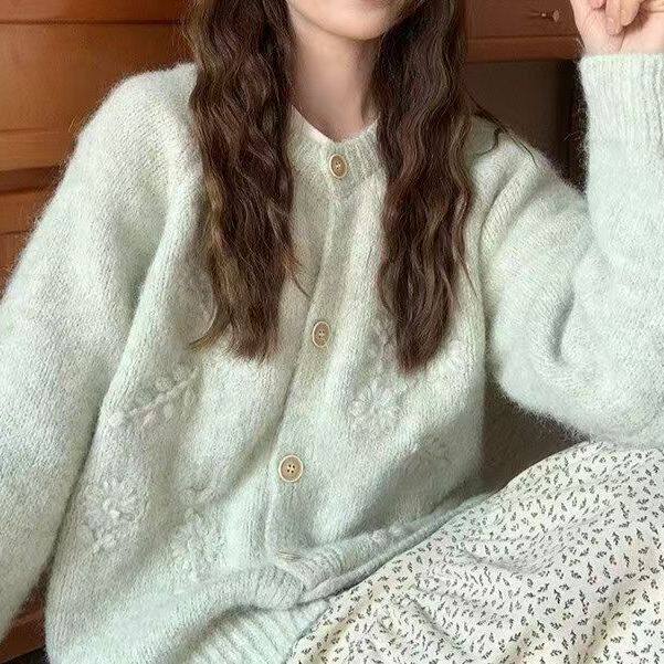 复古花朵刺绣毛衣开衫2026新款韩系温柔慵懒温柔针织上衣