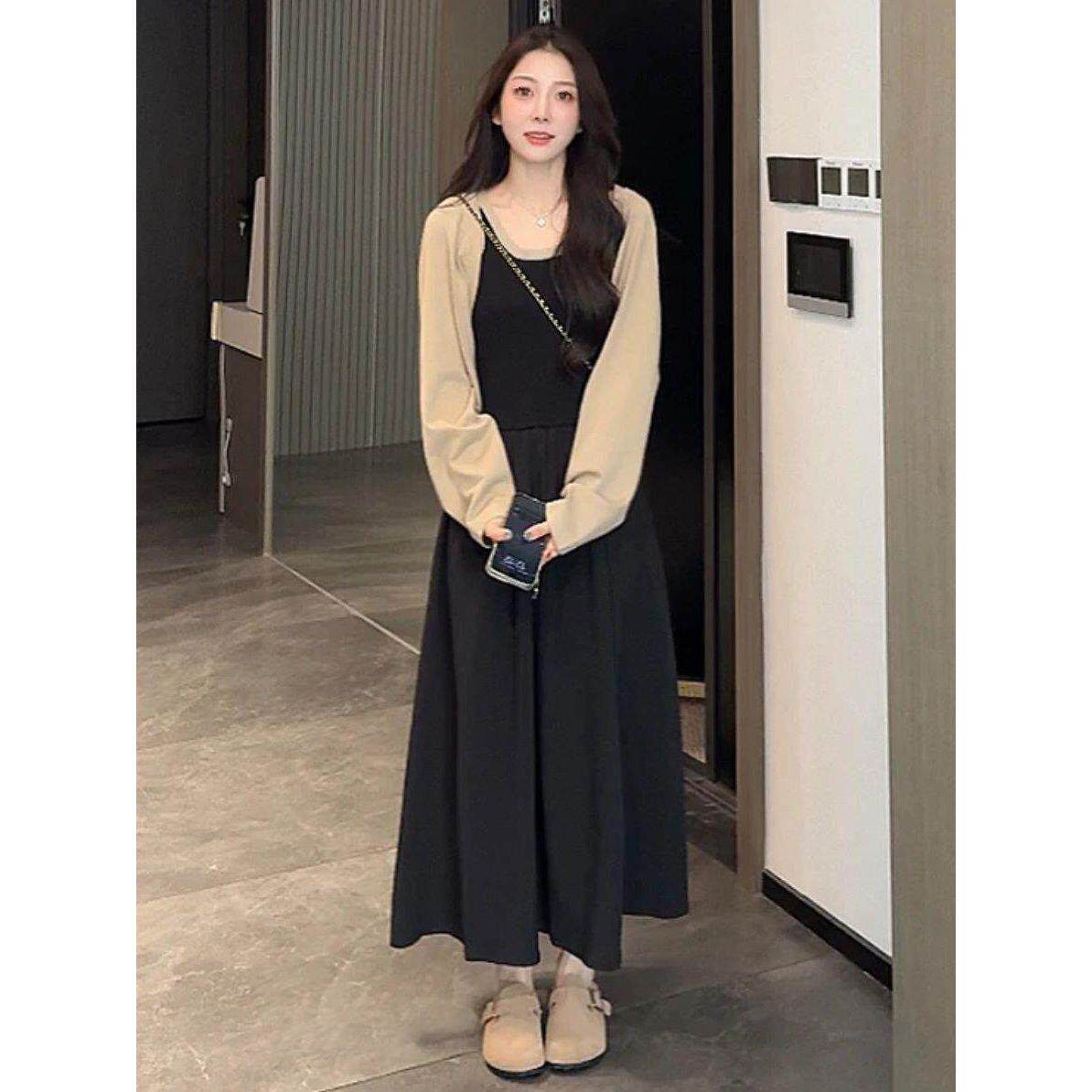 2026秋季女新款设计感百搭针织开衫上衣搭中长款拼接连衣裙两件套