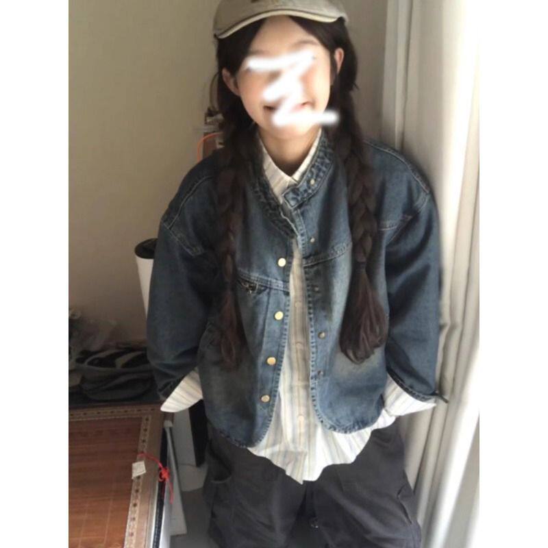 日系复古做旧水洗小个子牛仔外套女春秋季设计感港风夹克上衣
