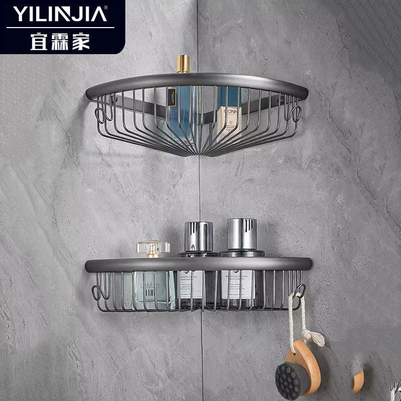 德国免打孔全铜浴室置物架卫生间壁挂三角篮淋浴房收纳架高级网篮