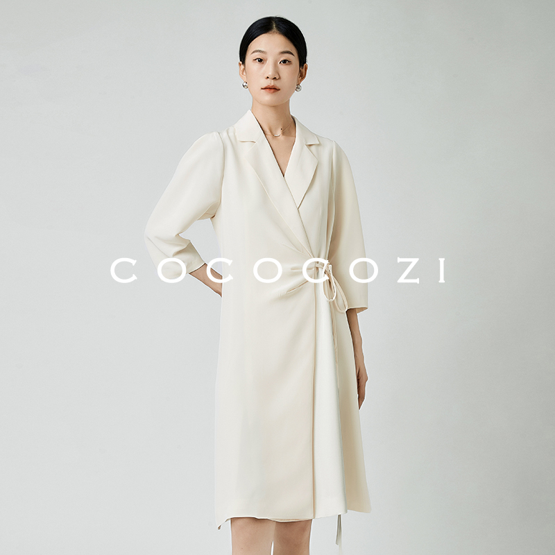 COCOCOZI真丝显瘦西装裙2023新款春夏女简约气质收腰泡泡袖连衣裙
