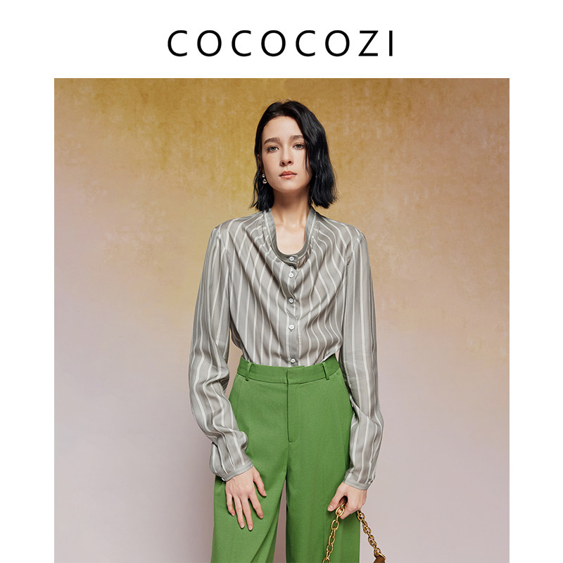 【淘宝直播间】春新款法式简约条纹荡领衬衫上衣女