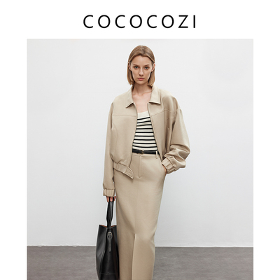 COCOCOZI【高知通勤】澳大利亚进口绵羊毛廓形飞行夹克短外套女秋